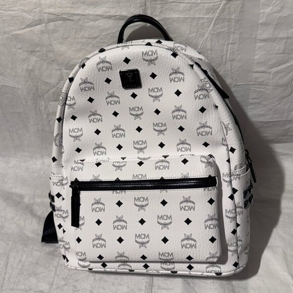 MCM Stark Backpack Visetos White Leather Studded - Picture 1 of 10